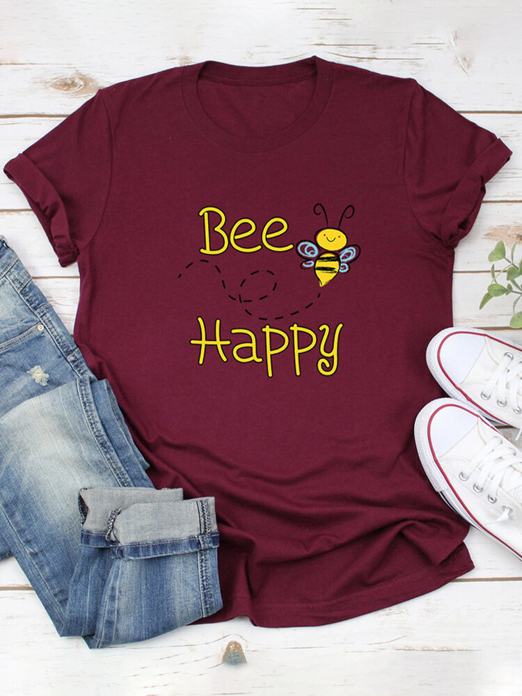 Cartoon Bee Happy Letter Printed Short Sleeve O-Neck T-shirt