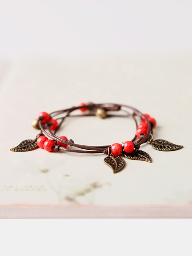 Vintage Charm Bracelet Wax Rope Ceramics Leaves Small Bell Charm Bracelet Ethnic Jewelry for Women