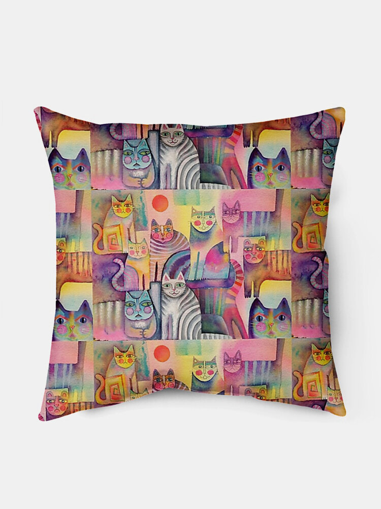 

Colorful Cats Pattern Linen Cushion Cover Home Sofa Art Decor Throw Pillowcase
