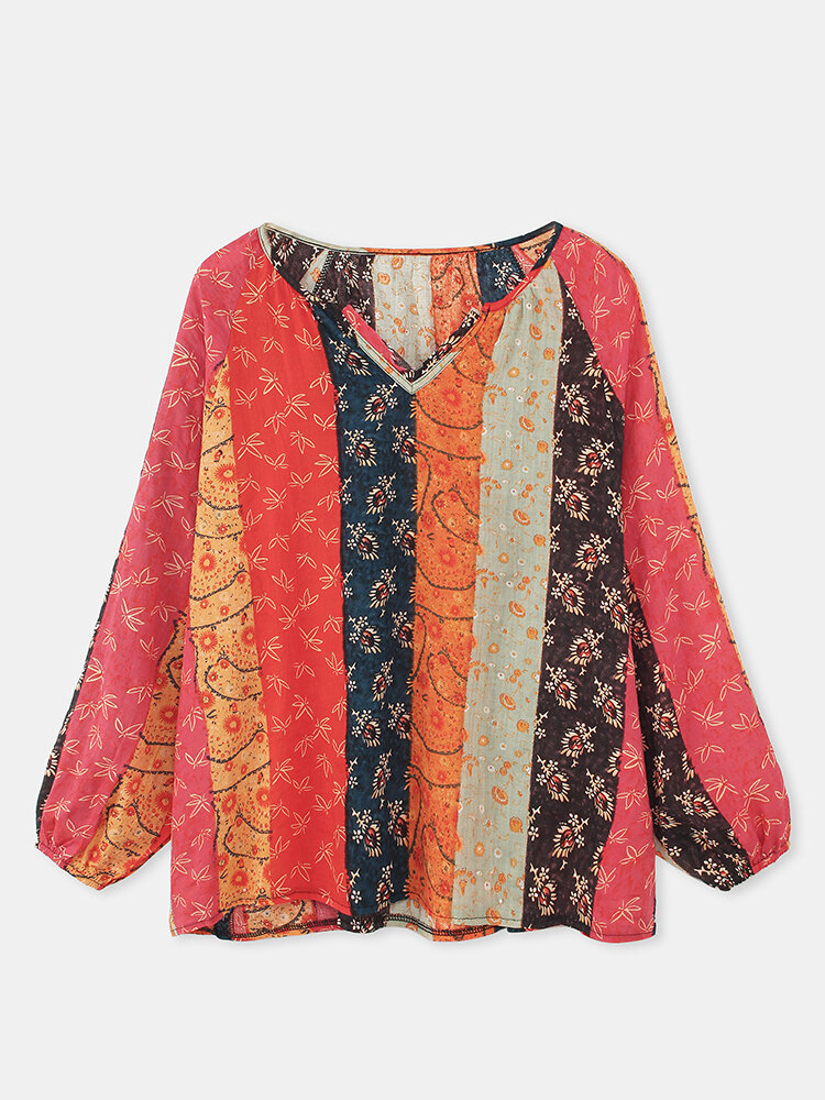 Vintage Print V-neck Puff Sleeve Plus Size Blouse for Women