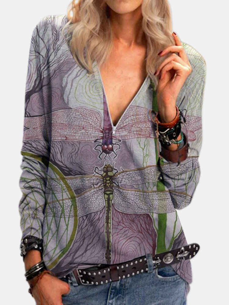 Dragonfly Print Long Sleeve V-neck Zipper T-Shirt For Women