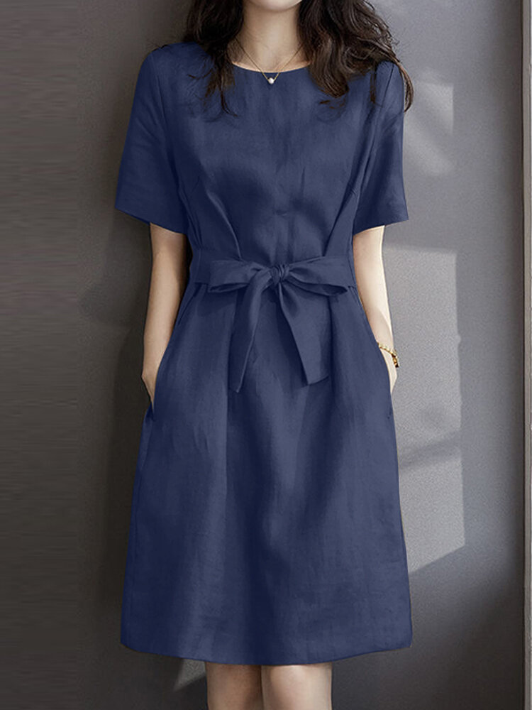 女性ソリッドクルーネックコットン半袖ベルト付きドレス