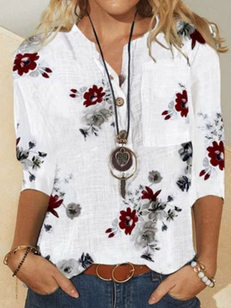 Blusa feminina com estampa de flores manga longa botão e gola
