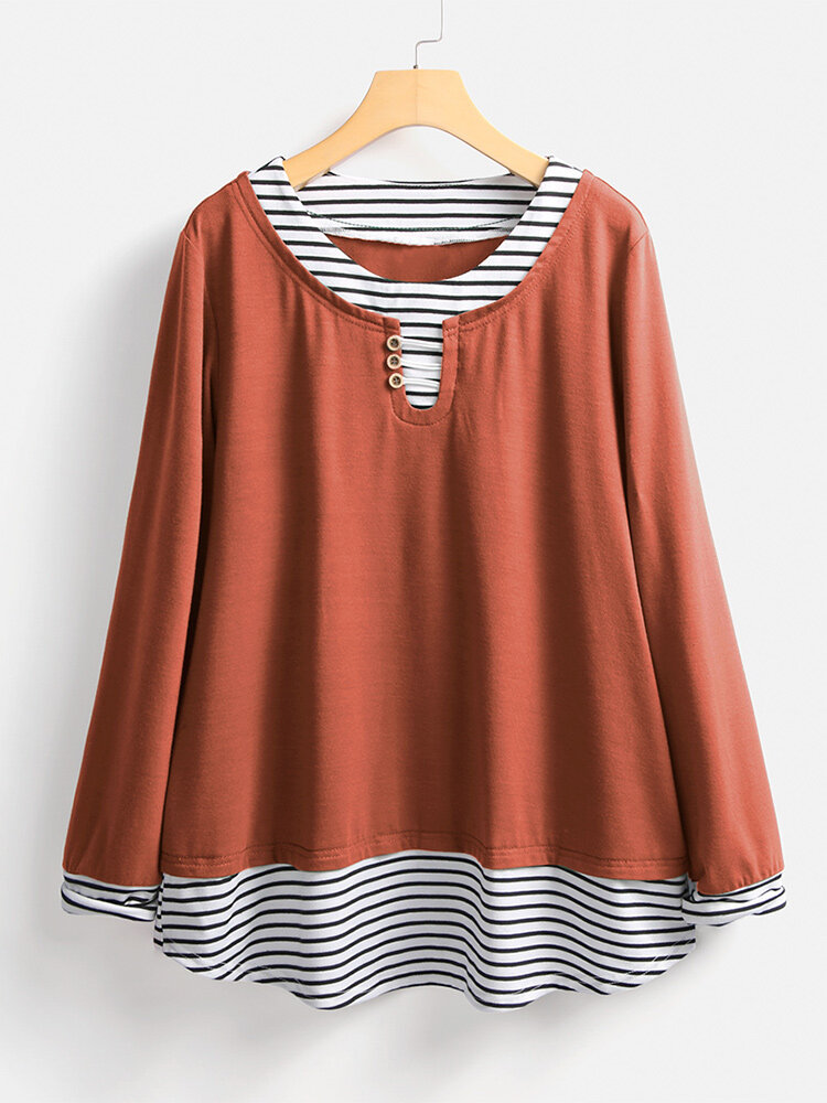 Stripe Patchwork Long Sleeve Casual Blouse For Women