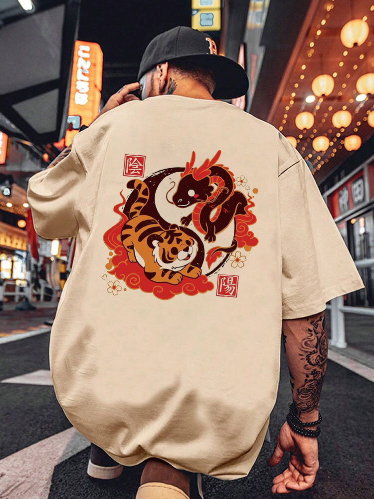 Camisetas masculinas chinesas Dragão com estampa de tigre, gola redonda, manga curta, inverno