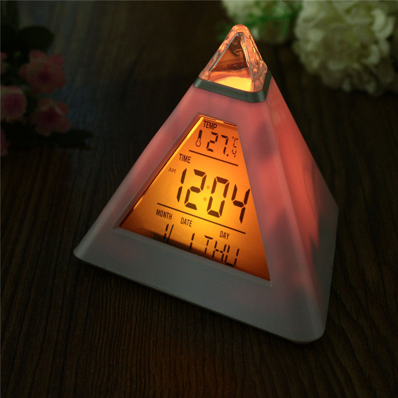 

7 Colors Changing Pyramid Digital LED Calendar Thermometer Time Alarm Clock