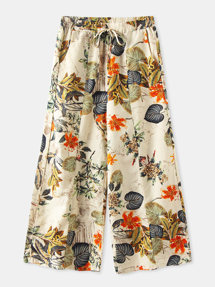 Pantalon taille large à imprimé floral avec cordon de serrage Plus pour femme