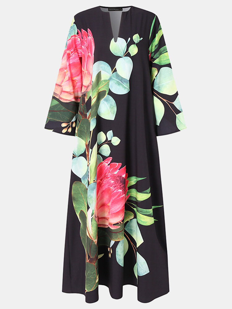 Calico Pocket V-neck Long Sleeve Print Dress For Women
