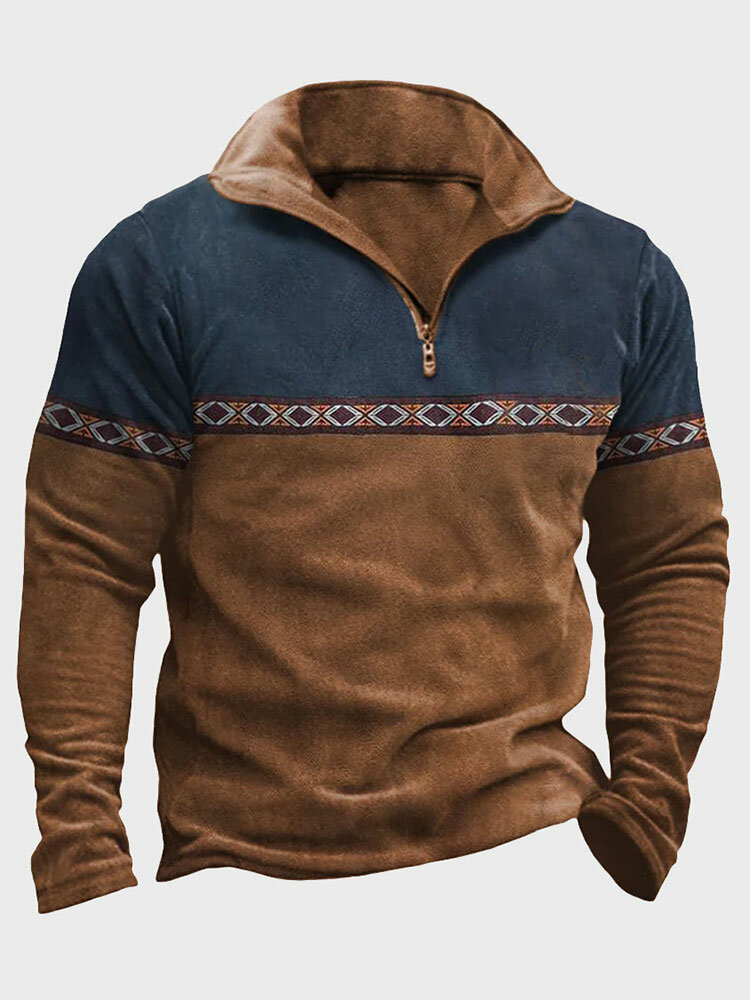 

Mens Ethnic Argyle Pattern Patchwork Half Zip Pullover Sweatshirts Winter, Brown
