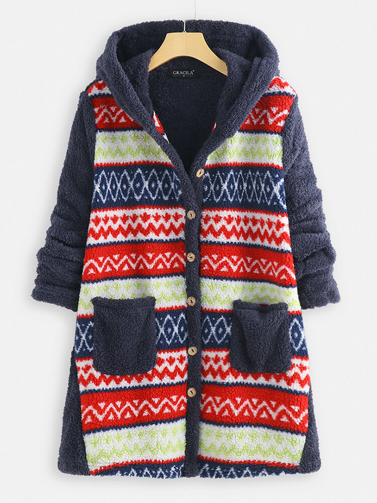 Patch Pockets Button Fleece Vintage Hooded Coat