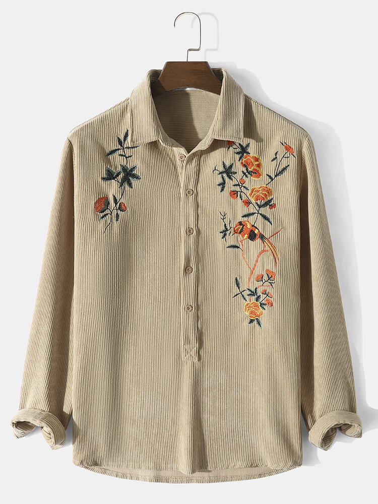 Mens Corduroy Floral Embroidered Half Button Casual Loose Henley Shirts