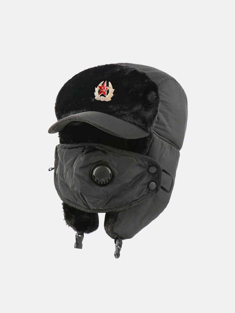 Men Dacron Plush Thicken Solid Soviet Metal Badge Waterproof Ear Protection With Mask Warmth Trapper Hat