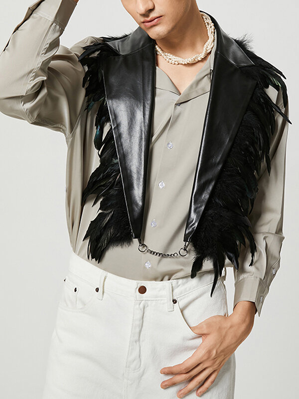 Mens Faux Leather Feather Chain Backless Waistcoat
