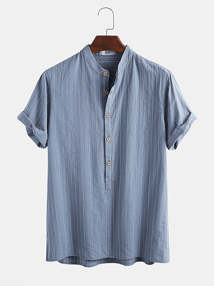 Men 100% Cotton Plain Striped Stand Collar Casual Short Sleeve Henley Shirts