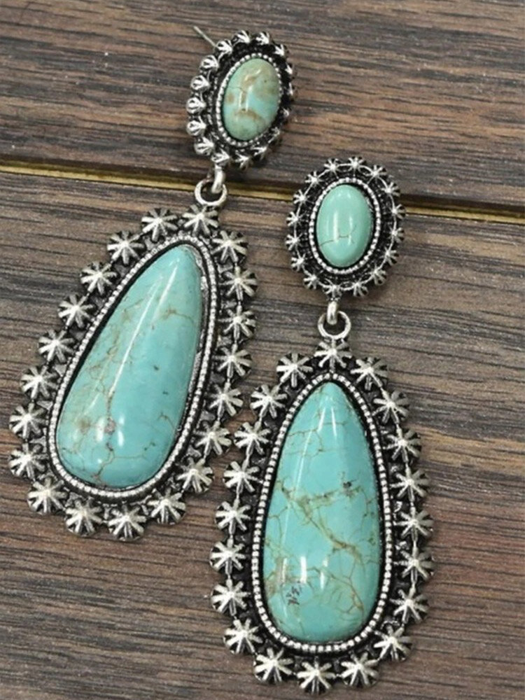 Vintage Carved Lace Drop-shaped Turquoise Alloy Earrings