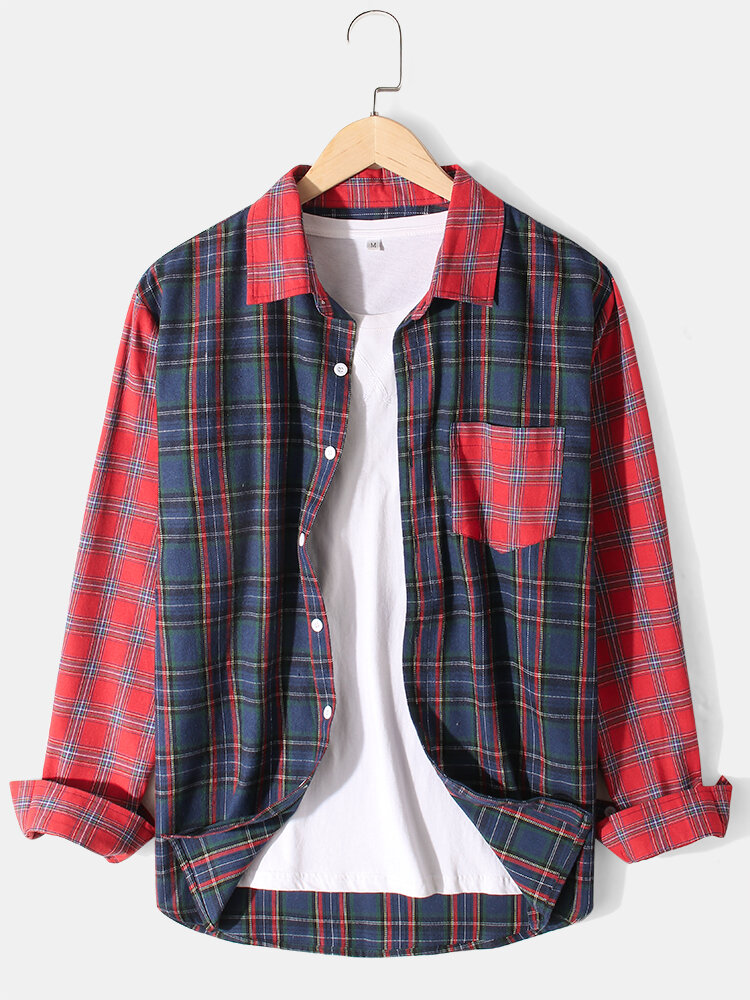 Mens Cotton Check Patchwork Lapel Casual Long Sleeve Shirts With Pocket