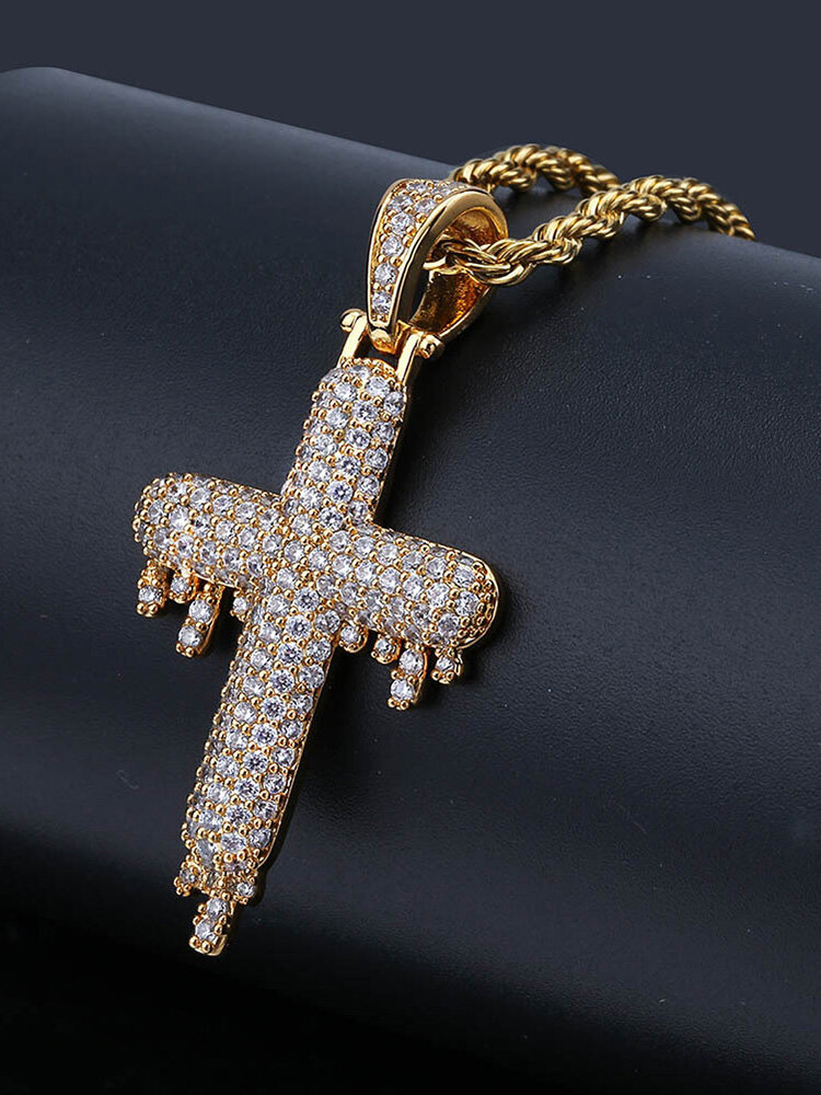 Trendy Cross Water Drop Necklace Hip Hop Pendant Necklace Micro Zircon Men Necklace Jewelry