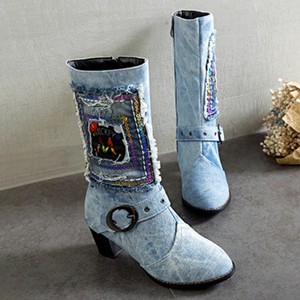 Denim Pattern Embroidery Square Heel Mid Boots