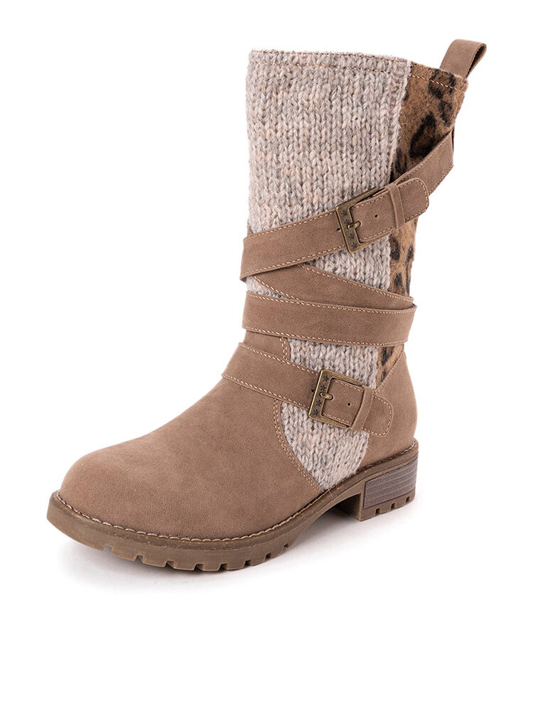 

Leopard Suede Splicing Knitted Mid-calf Boots, Black;khaki