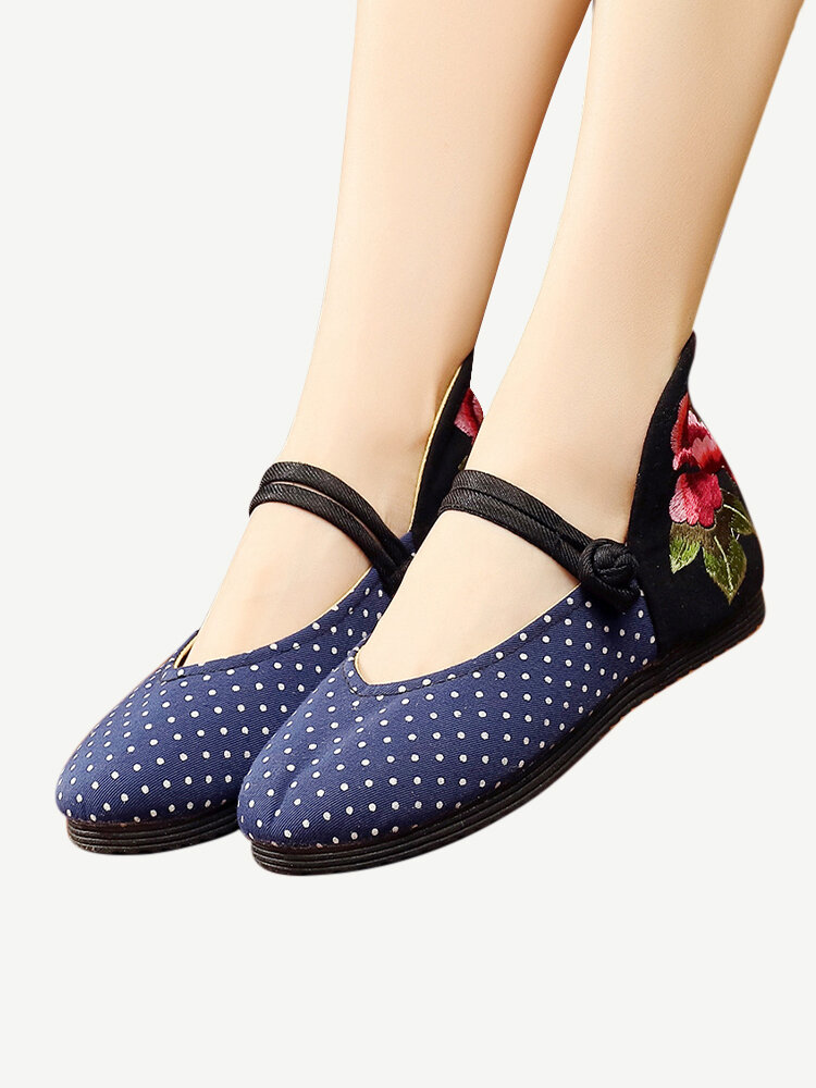 

Flowers Embroidered Dot Canvas Folkways Buckle Flat Shoes, White;red;blue;black