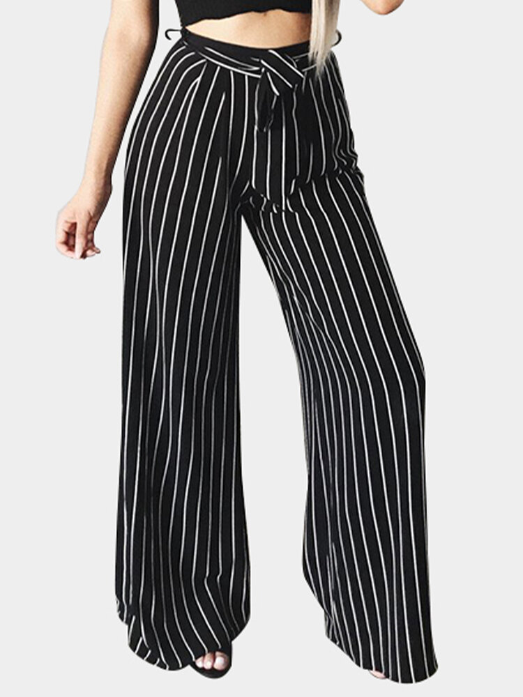 Striped Print Waistband Loose Wide-Leg Casual Pants for Women