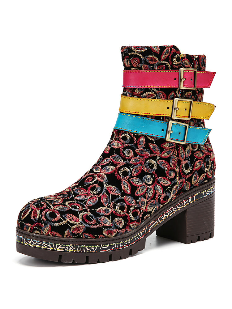 SOCOFY Retro Cloth Floral Embroidery Three Colors Leather Buckle Strap Zipper Chunky Heel Short Boots