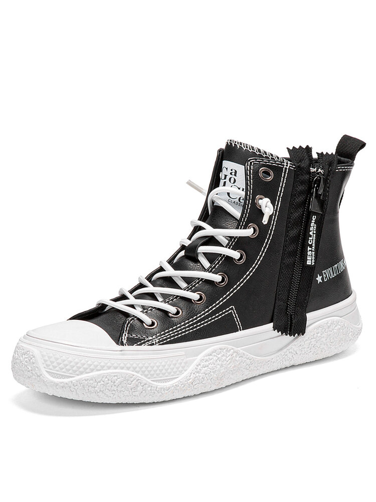 Men Brief Lace-Up Side Zipper Soft Casual High Top Skate Shoes