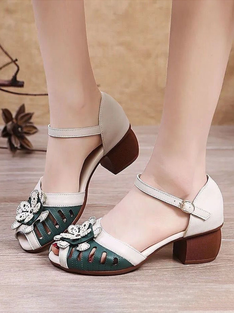 Women's Retro Flower Round Toe Laser Hollow Fish Mouth Mom Shoes Heeled Sandals