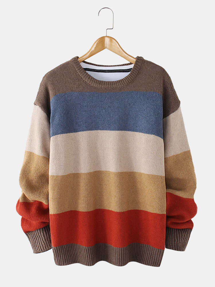 Mens Color Block Patchwork Crew Neck Casual Knit Pullover Sweaters