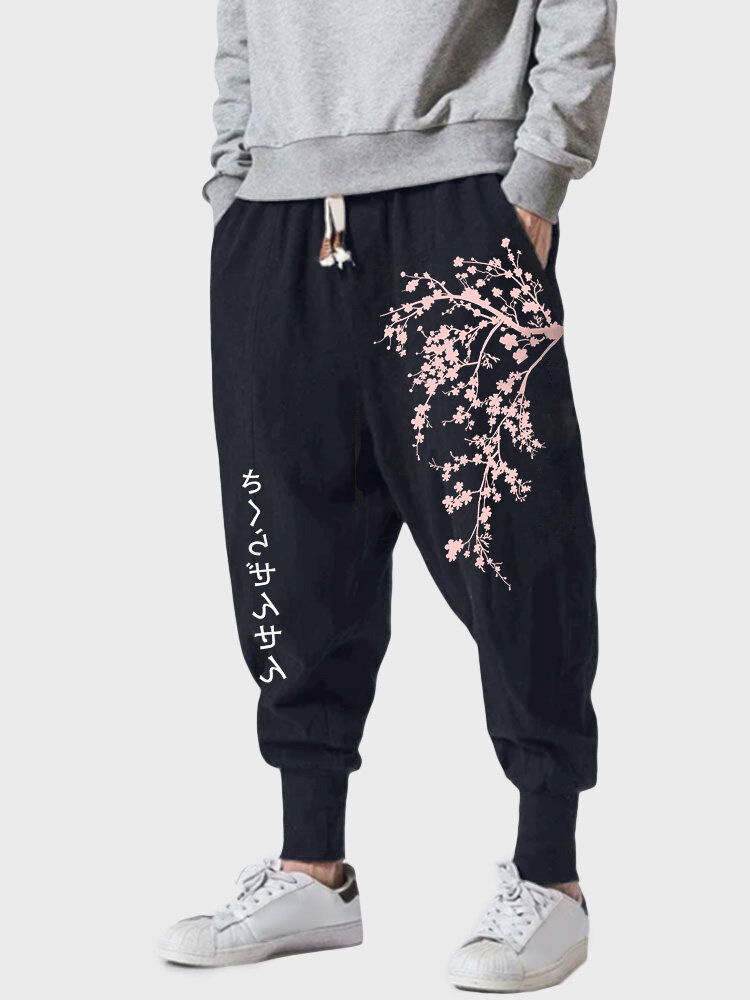 

Mens Japanese Cherry Blossoms Print Loose Drawstring Waist Pants, Black