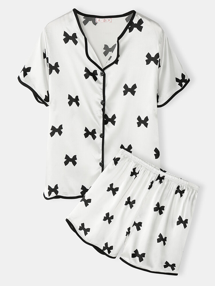 Women Faux Silk Bow Print Collarless Button Up Soft Pajamas Sets
