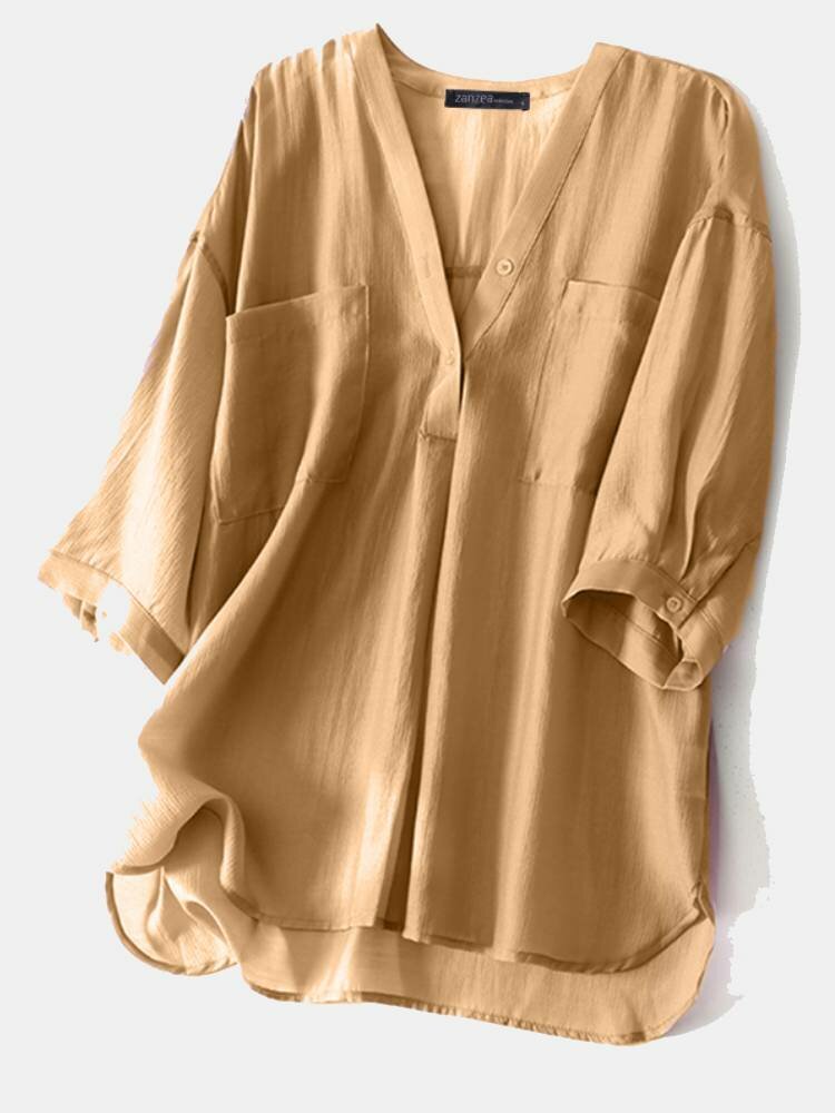 Однотонная повседневная блузка с V-образным вырезом и карманом на пуговицах