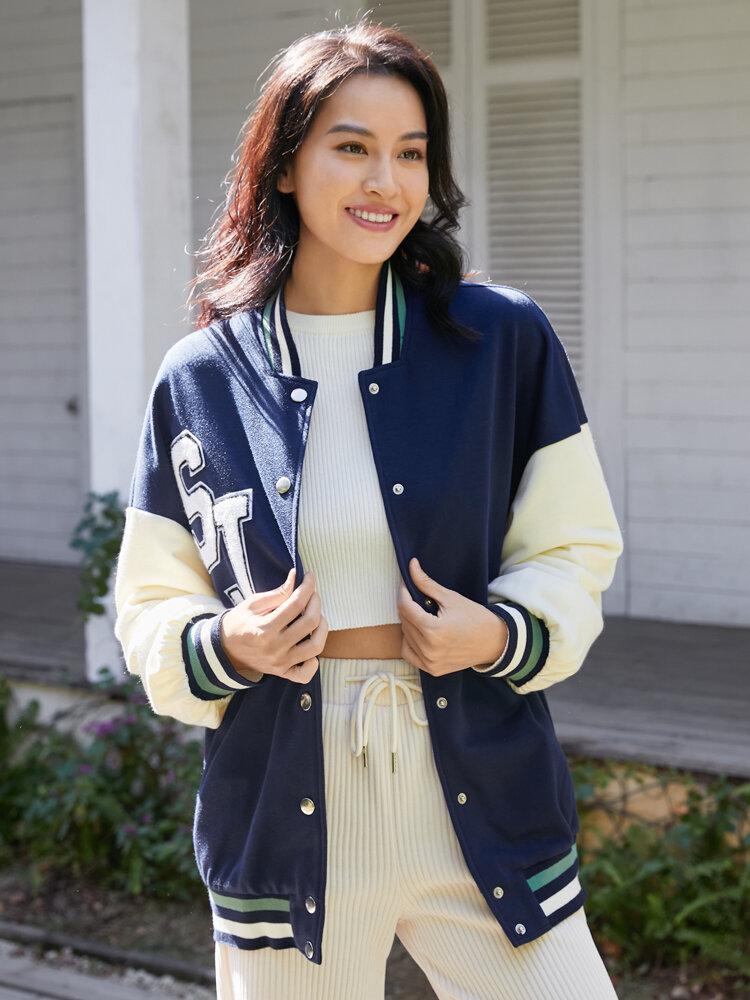 

Patched Detail Letter Pattern Button Women Bomber Jacket, Navy