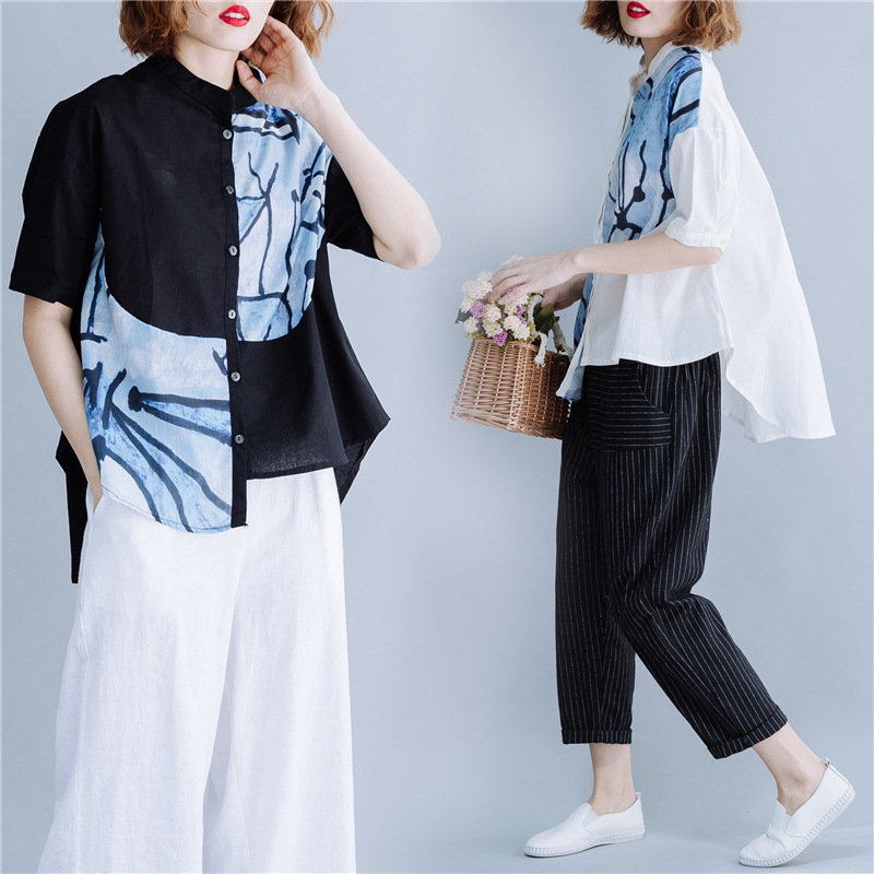 Print Short-sleeved Women's Loose Large  Cotton And Linen Irregular Shirt