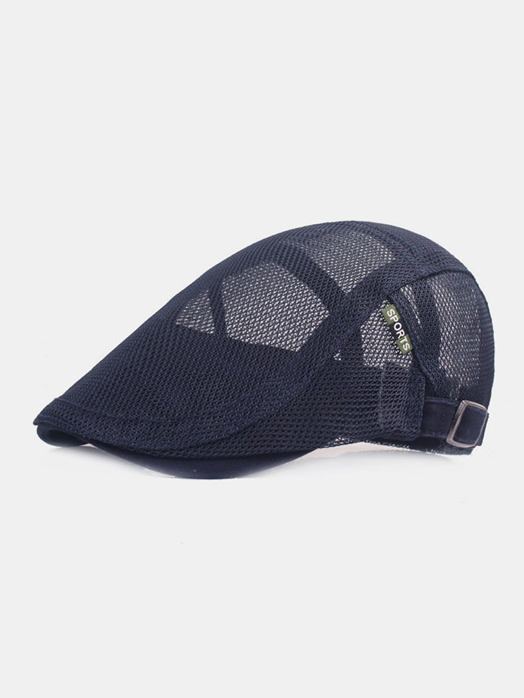 Unisex Full Mesh Solid Color Letters Cloth Label Cool Breathable Suncreen Beret Flat Cap
