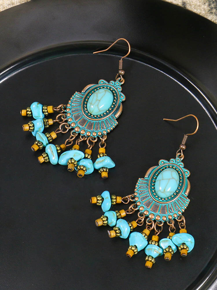 

Vintage Turquoise Handmade Earrings Temperament Alloy Circle Flower Tassel Earrings