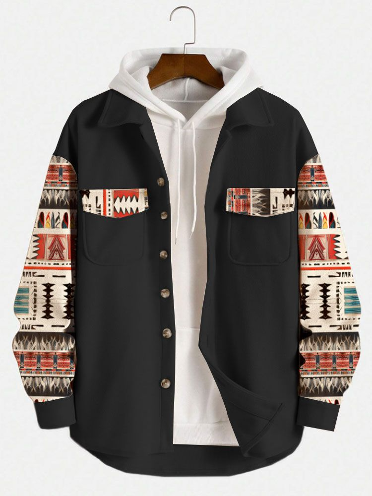 

Mens Ethnic Tribal Pattern Patchwork Flap Pocket Tweed Jacket Winter, Black;brown;apricot
