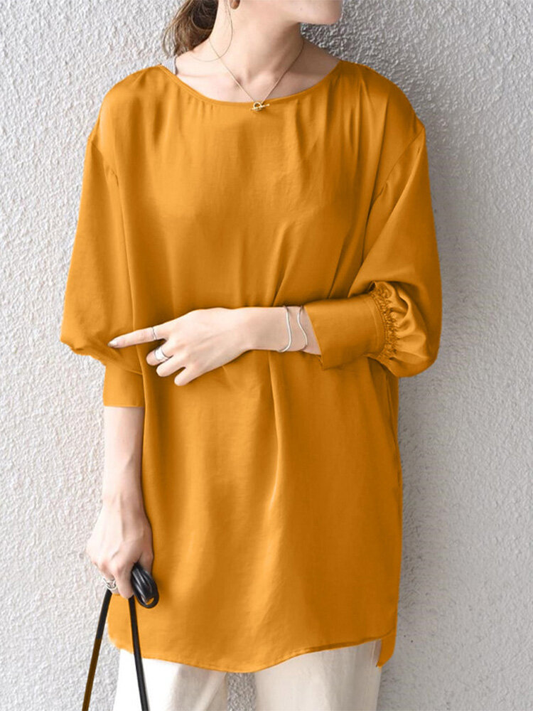Женская однотонная блузка с длинным рукавом Шея с высоким и низким подолом