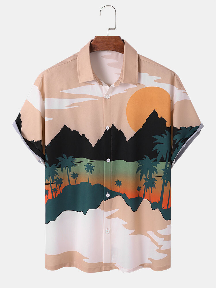 Mens Landscape Print Button Up Vacation Short Sleeve Shirts