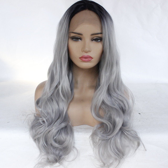 

Black Gradient Gray Long Curly Hair Wig Big Wavy Volume Chemical Fiber Front Lace Wig, 22 inches;20 inches;18 inches;28 inches;16 inches;26 inches;14 inches;24 inches;12 inches