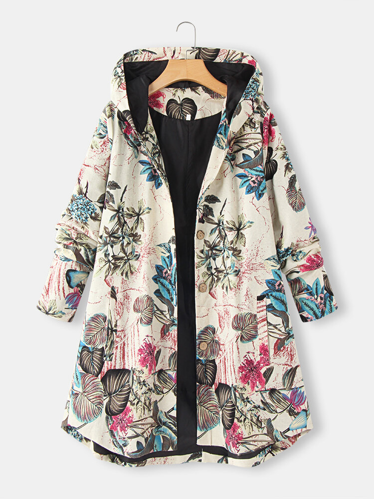 Abrigo con capucha y manga larga con estampado de flores Plus