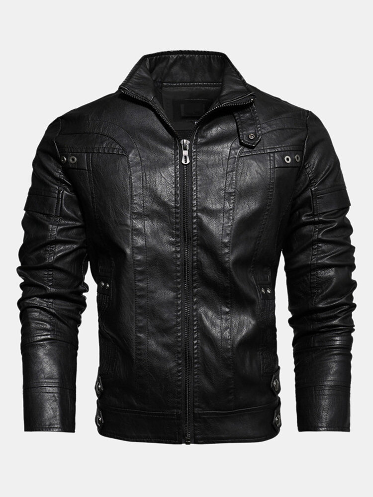 Mens Winter Warm Fashion Fleece Lined Long Sleeve PU Leather Jacket