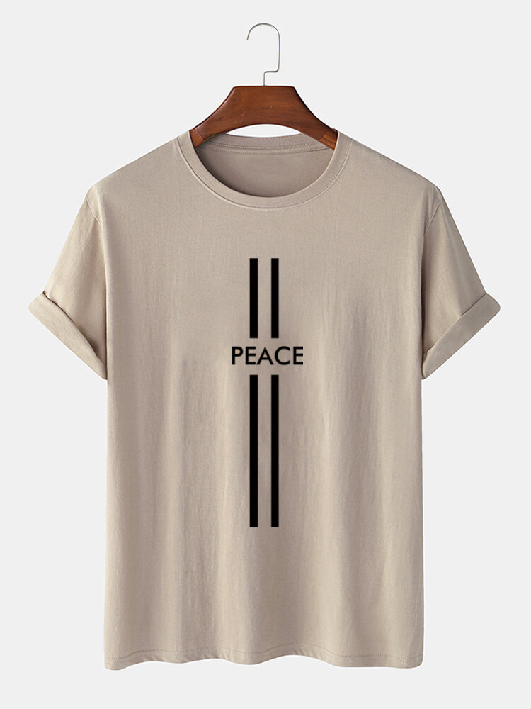 Mens Line Peace Print 100% Cotton Casual Short Sleeve T-Shirts