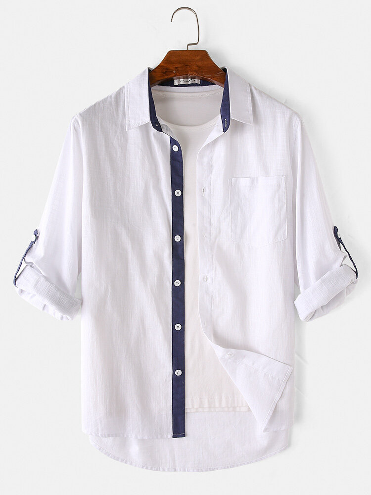 Men 100% Cotton Solid Color Casual Slub Long-sleeved Shirt
