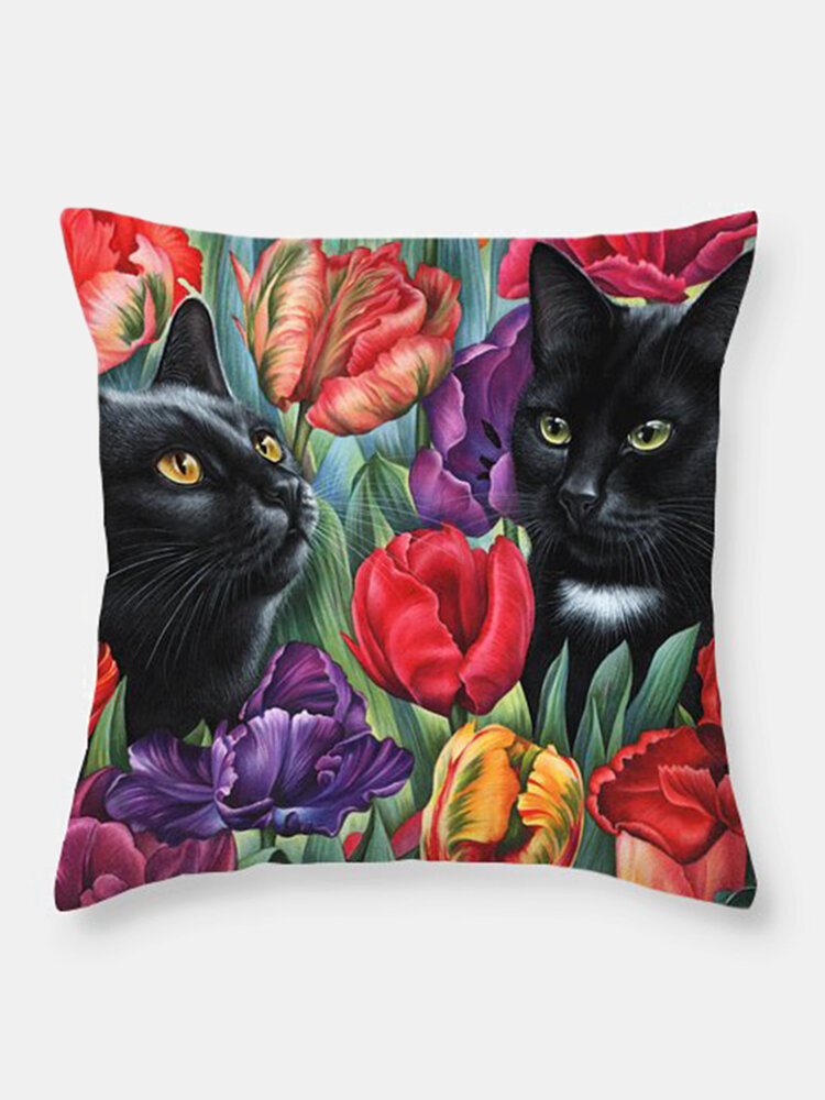 

Black Cats And Flower Pattern Linen Cushion Cover Home Sofa Art Decor Throw Pillowcase
