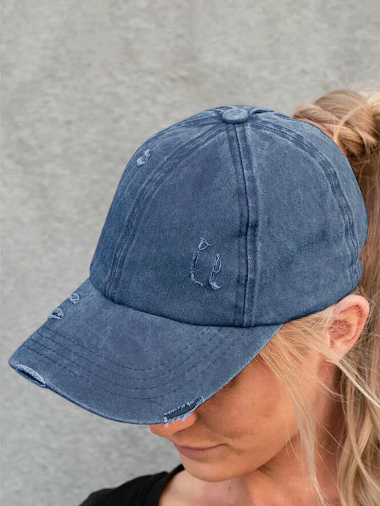 Women Made-old Breaking Hole Solid Color Fashion Hollow Out Ripped Washed Denim Baseball Cap