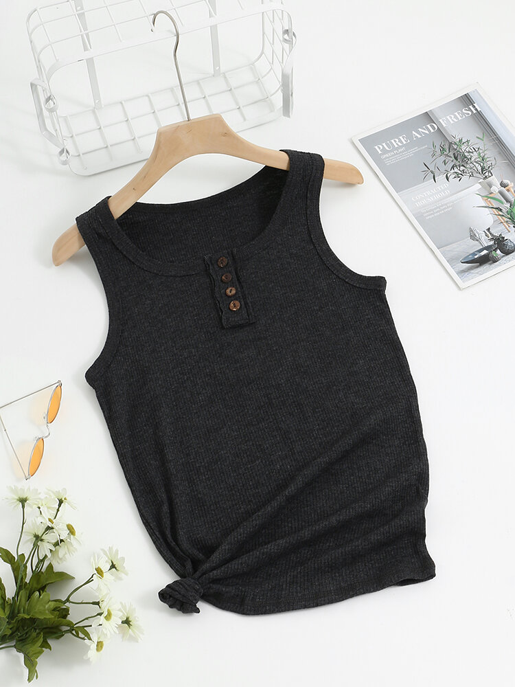Solid Ribbed Knit Sleeveless Button Crew Neck Tank Top