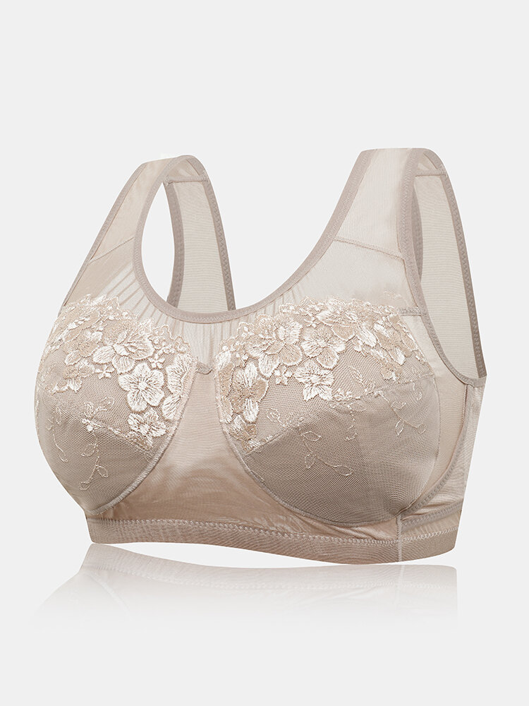 Plus Size Women Floral Embroidered Lace Wireless Wide Straps T-Shirt Bra