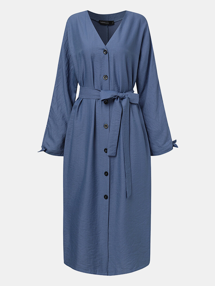 Women Solid Color Knotted Button V-neck Long Sleeve Casual Dress