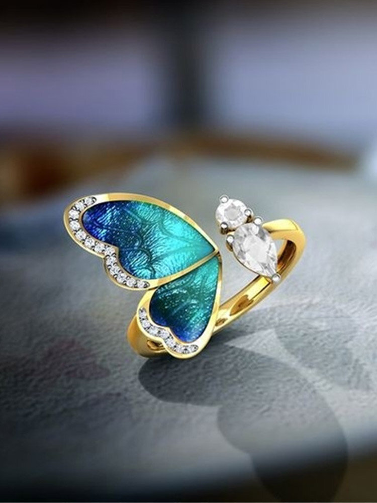 Vintage Gradient Color Butterfly Wing Shape Inlaid Artificial Gems Alloy Opening Ring